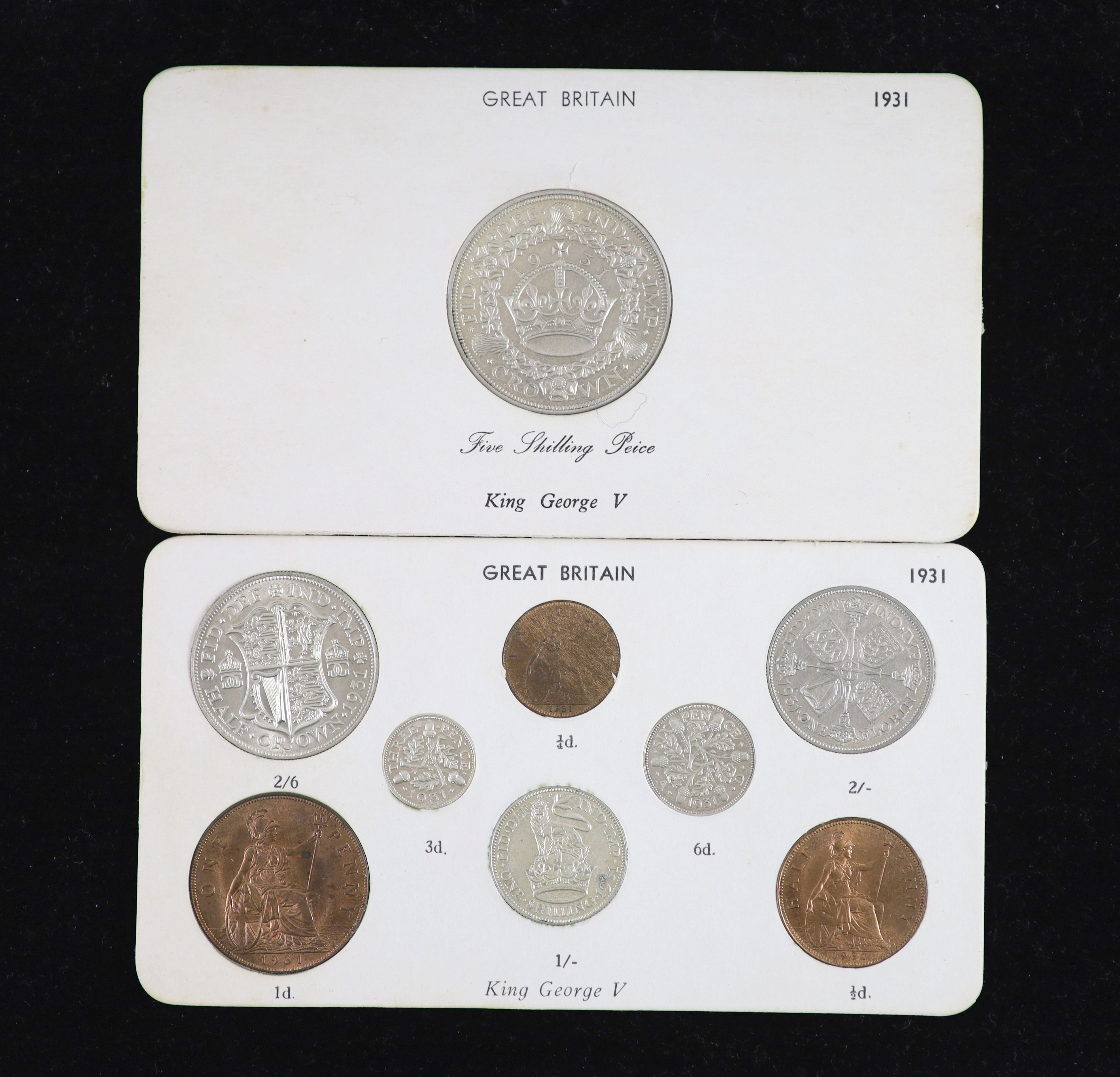 A George V specimen set of nine coins, 1931, fourth coinage, comprising Crown, (S4036), cleaned otherwise about EF, halfcrown and threepence, cleaned otherwise about EF or better, florin, shilling and sixpence, cleaned g